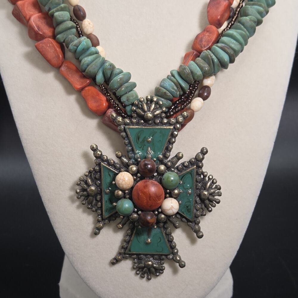 Southwestern Turquoise & Coral Statement Necklace Enamel Maltese Cross Vintage